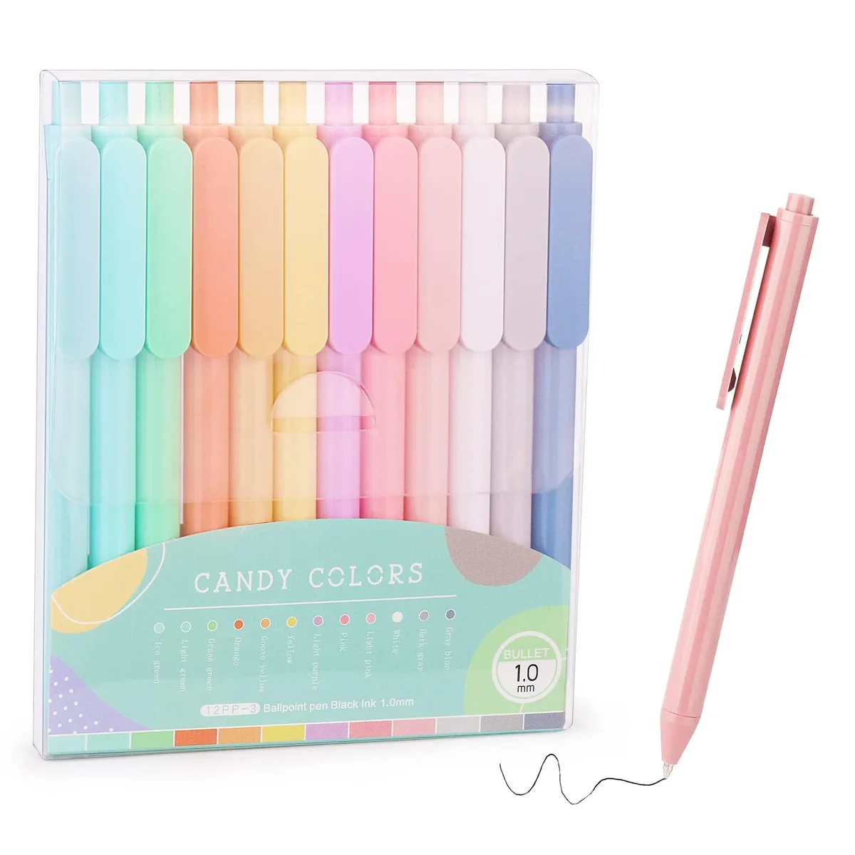  WY WENYUAN 12-Pack Retractable Ballpoint Pens, 1.0 mm Black Ink, Pastel Barrels — product photo