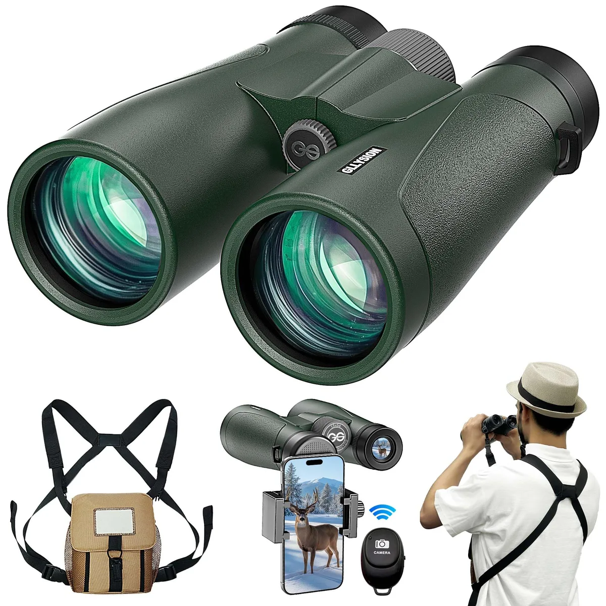 Green roof-prism binoculars with rubber armour, phone adapter and remote visible