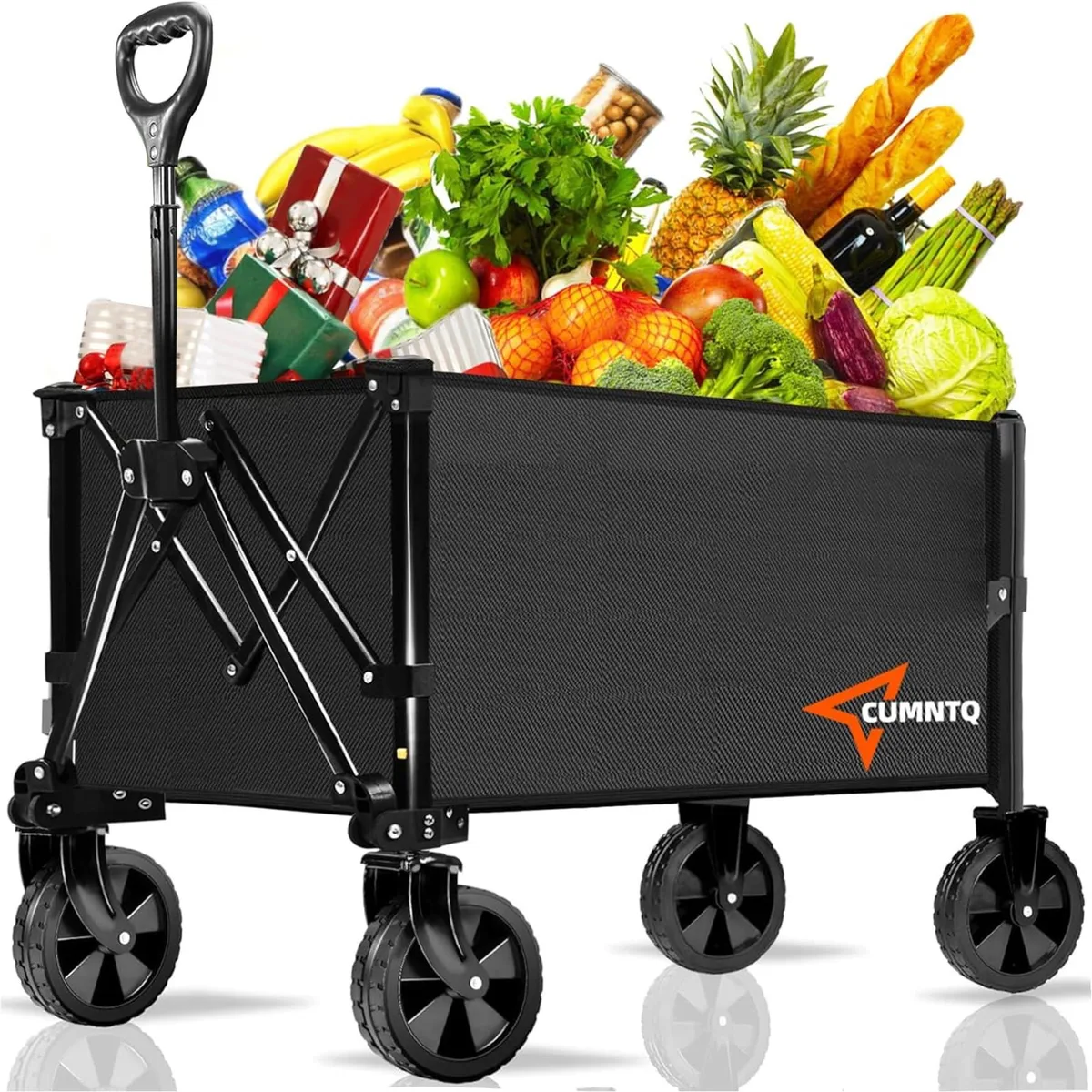 Black foldable wagon with steel frame, oxford fabric body, telescoping handle and four all-terrain wheels