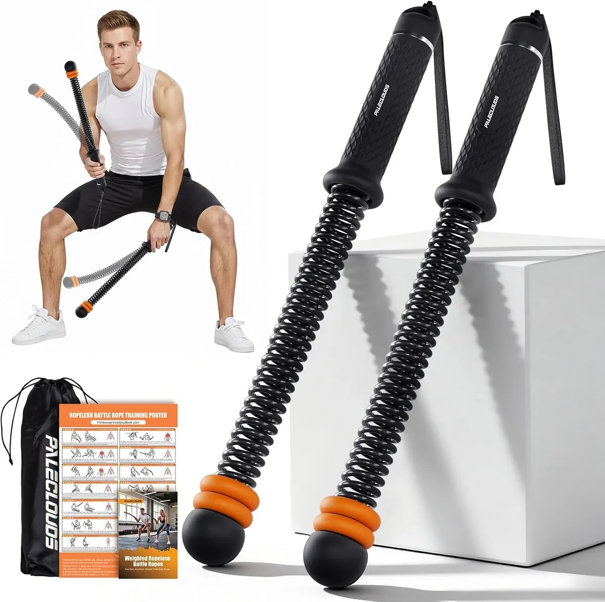 Black cordless battle rope pair with adjustable rubber weight rings on spring shafts, storage bag included
