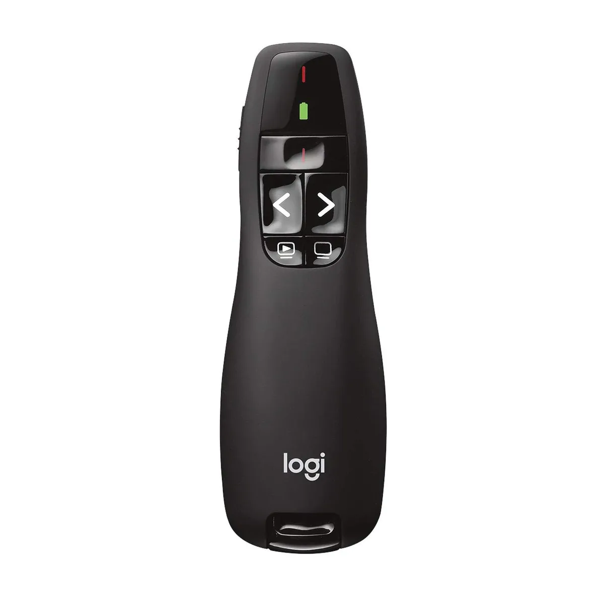 Logitech R400 wireless presenter remote with red laser pointer and USB receiver
