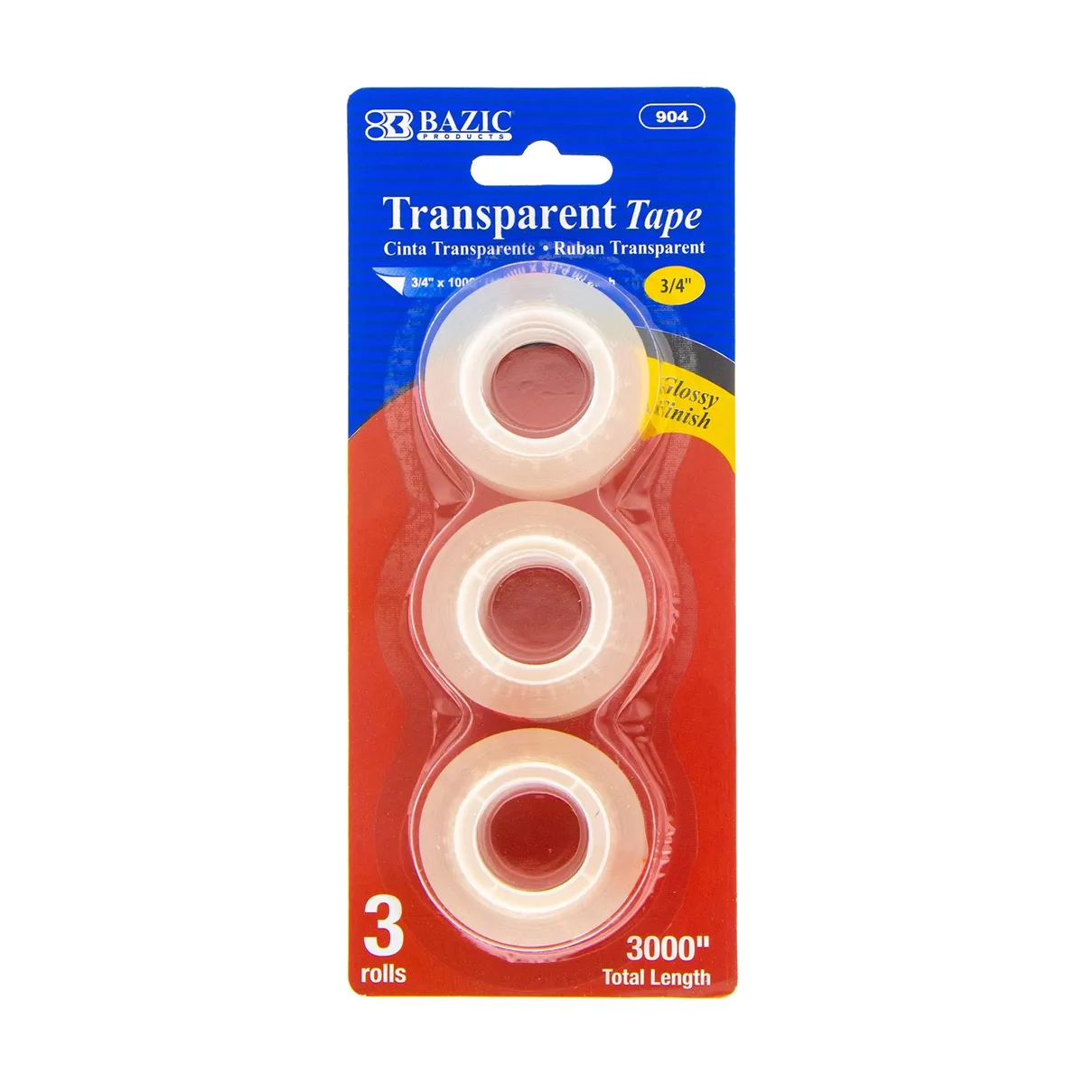 Three rolls of glossy transparent tape on plastic cores, packed in a rectangular box