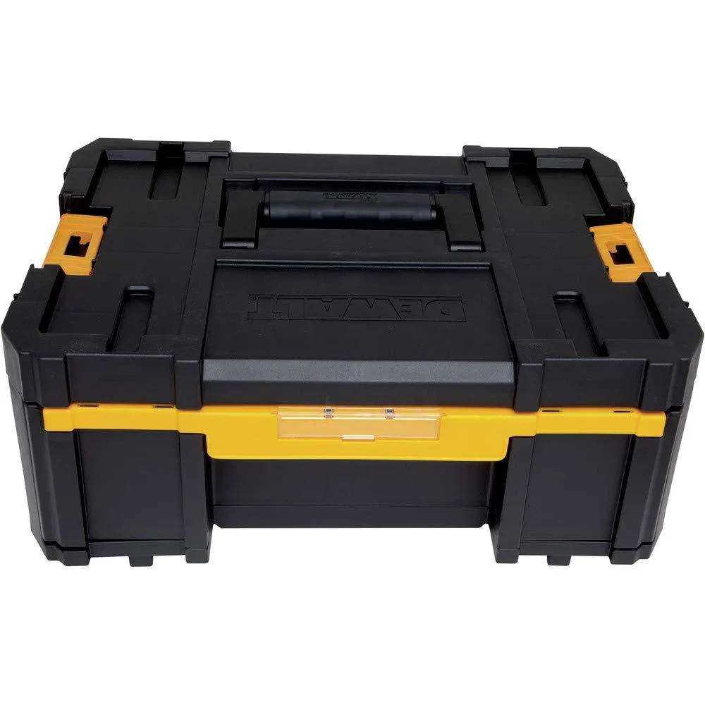 Yellow and black DeWalt TSTAK deep drawer unit with side latches and bi-material top handle