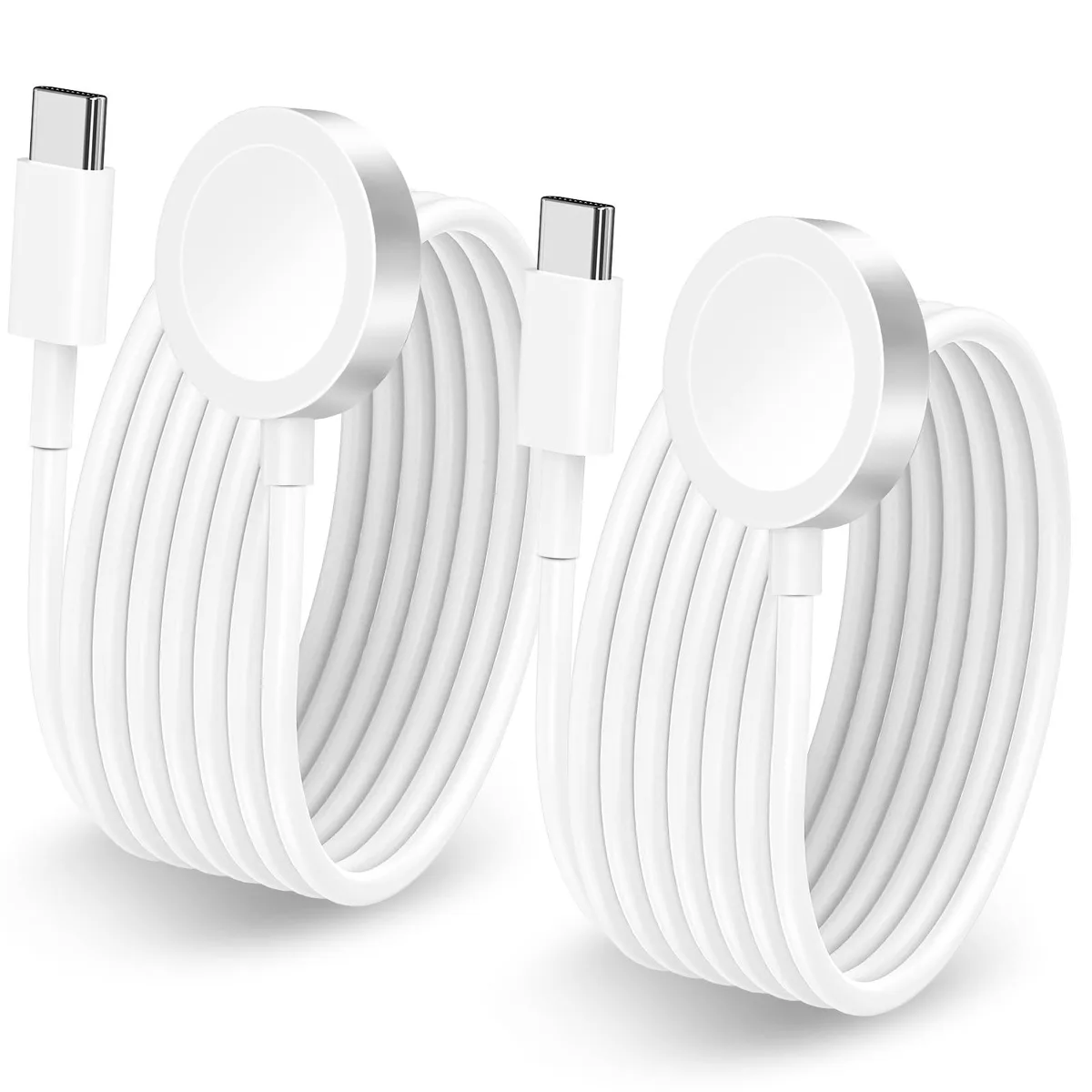 Two white magnetic Apple Watch chargers with USB-C cables