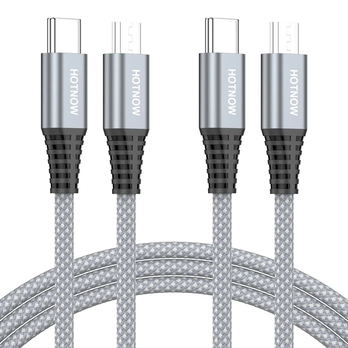 Two grey and white USB-C to Micro-USB cables, male-to-male, 3 ft each