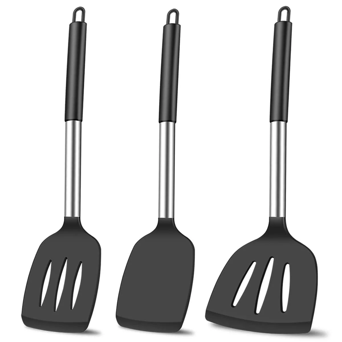 Three silver-handled silicone spatulas with bamboo handles, 35 cm long, oblong heads, set of three