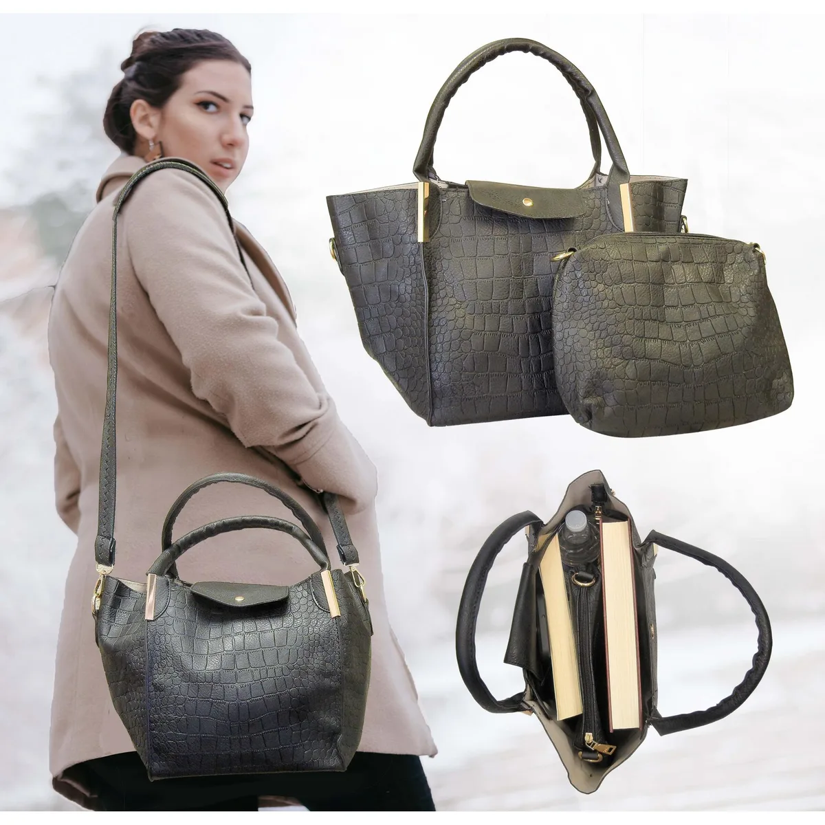 Interloper Interloper Midsize Faux Leather Tote + Crossbody Purse Black 10 x 7.5 x 8.5 — product photo