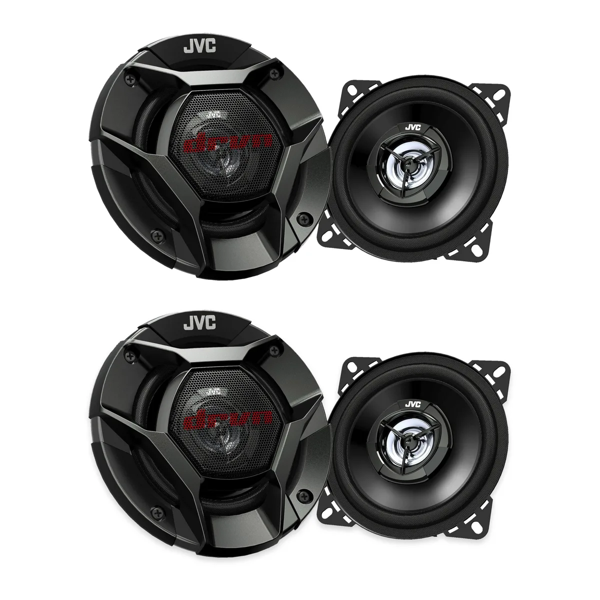 Four black 4-inch coaxial car speakers with silver tweeters