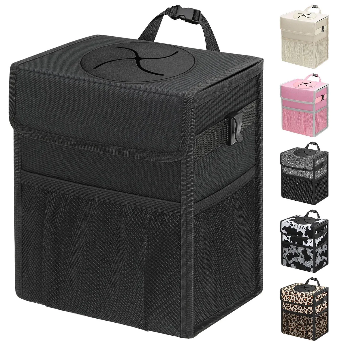 Three white collapsible car trash cans with lids and storage pockets