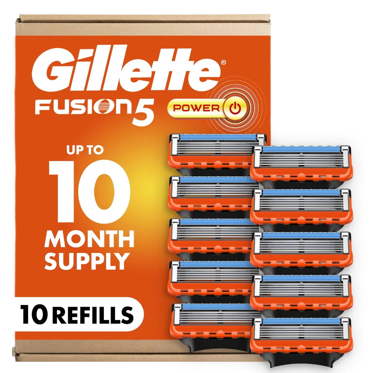 Pack of ten Fusion5 Power razor blade refill cartridges with five blades and precision trimmer