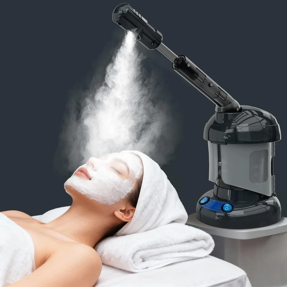 Black tabletop facial steamer with extendable arm and rotatable nozzle, 400ml water tank