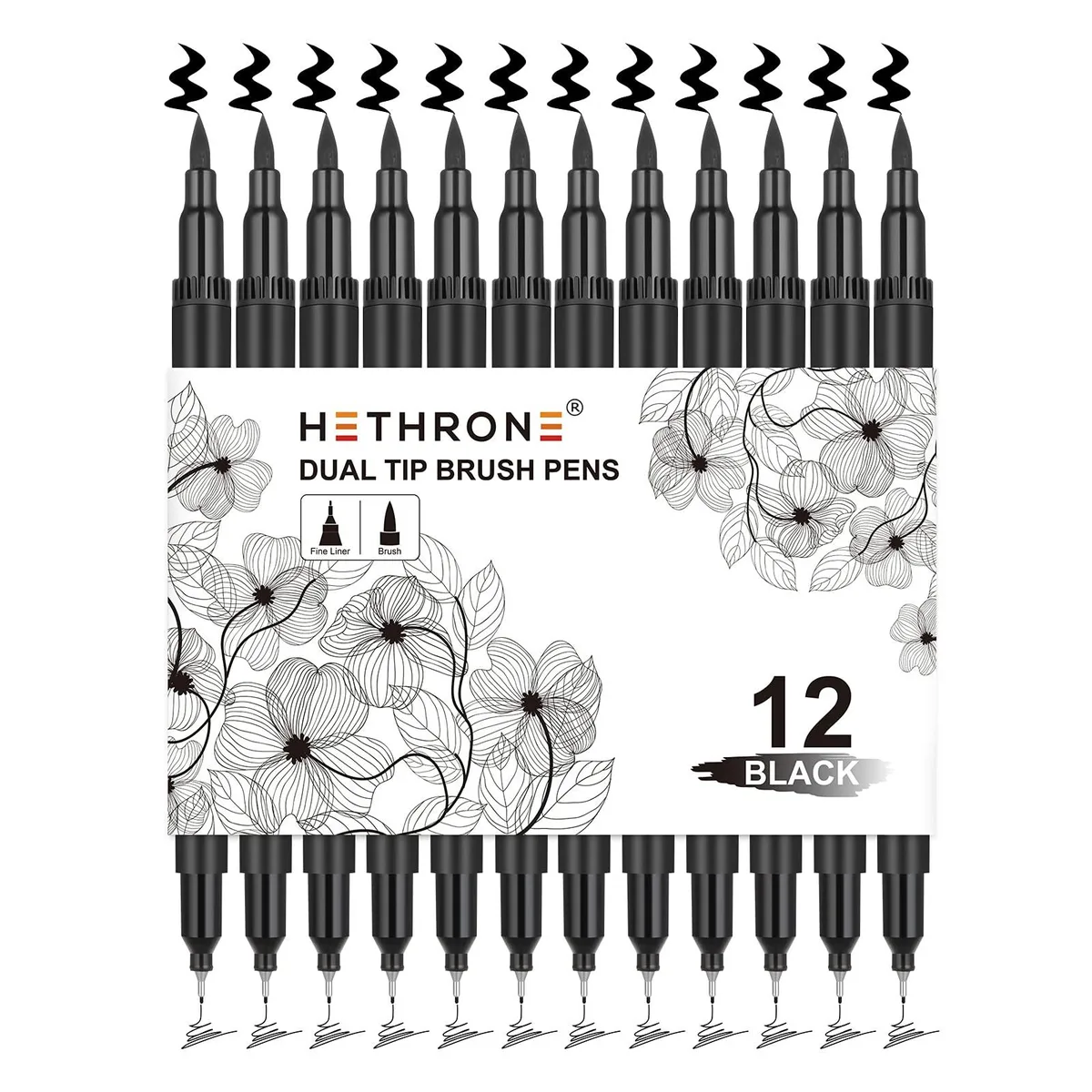 Twelve black dual-tip brush pens in a clear storage bag