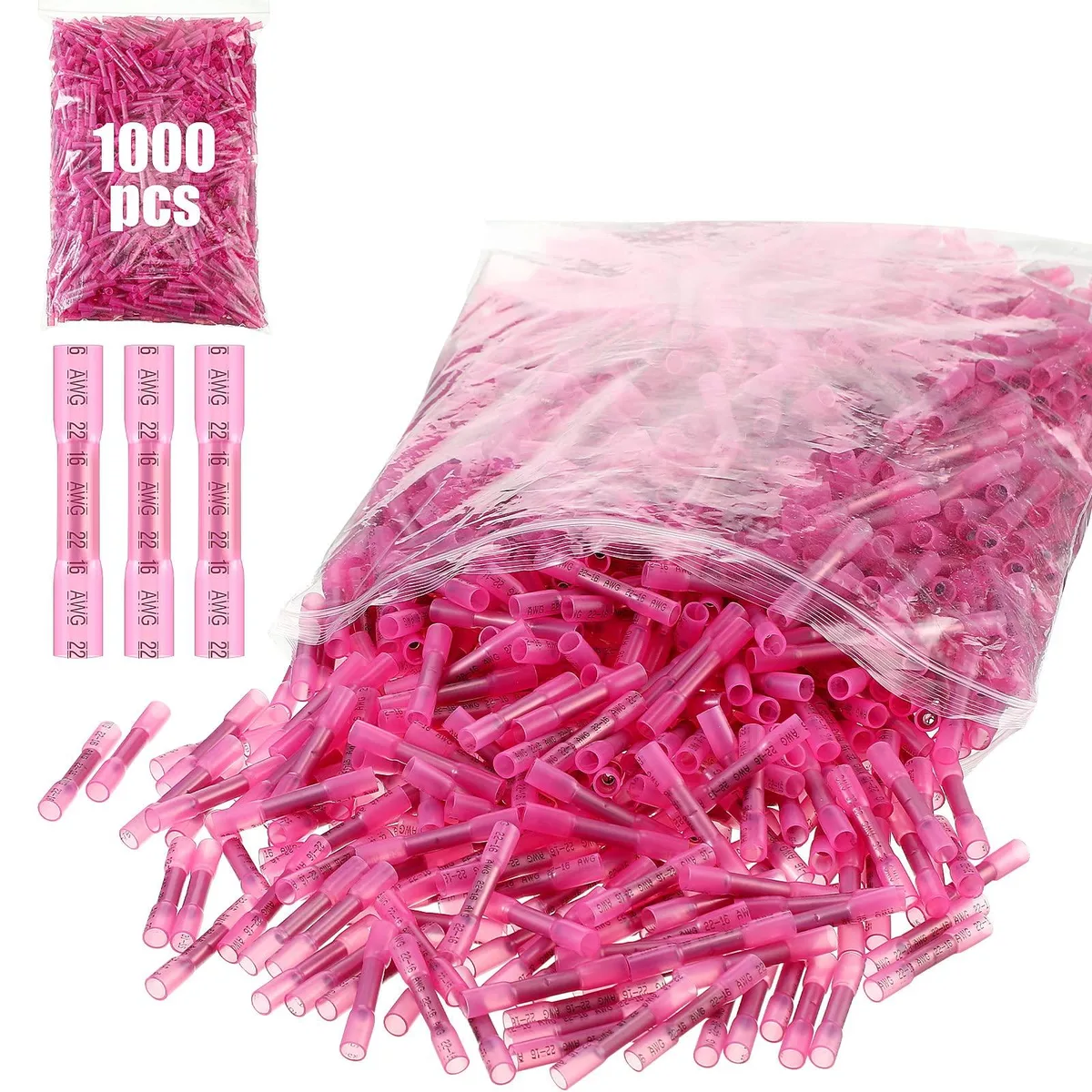  1000 Pcs Heat Shrink Butt Wire Connectors Red AWG 22-18 — product photo