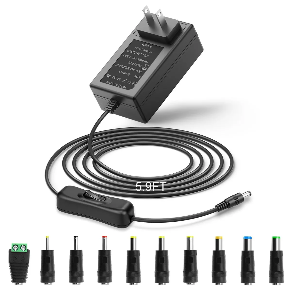 Black Arkare ALT-1203 power brick with on/off switch 5.9FT cord and ten DC tips