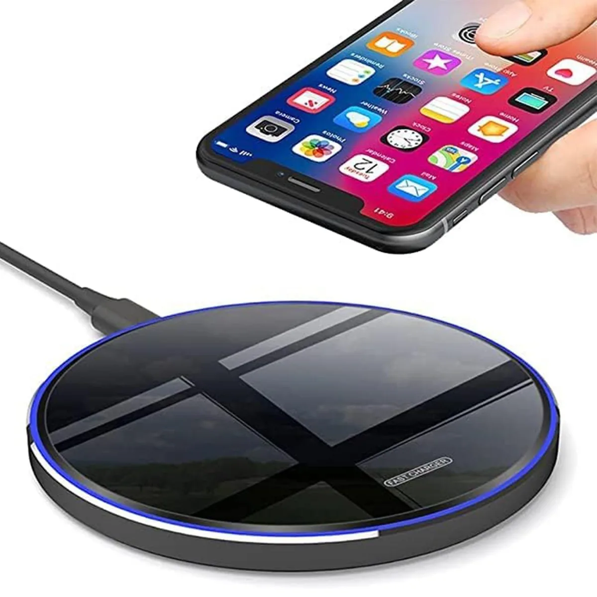 Flat circular charging pad with matte finish and blue LED indicator