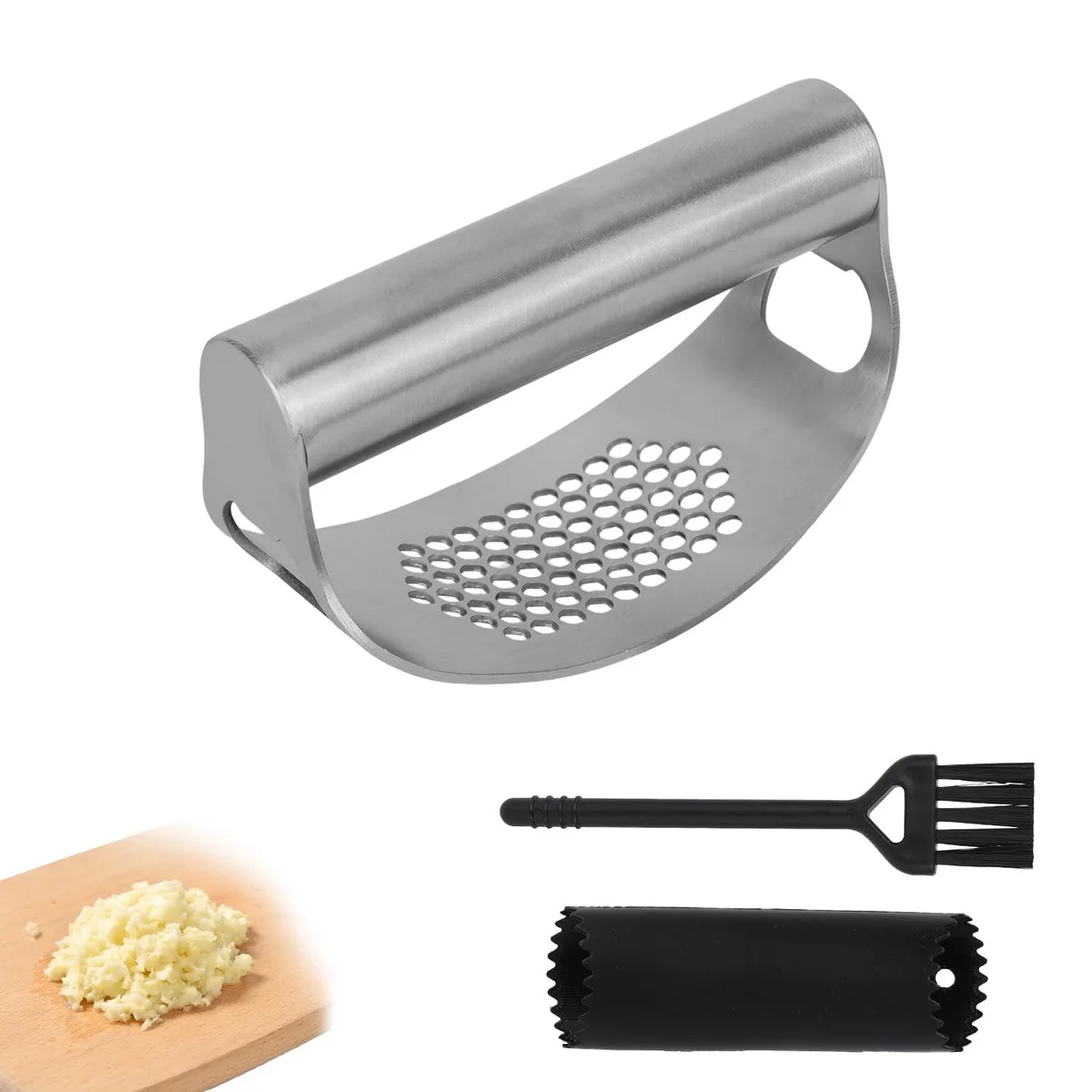  Stainless Steel Garlic Press Set with Peeler and Brush — product photo