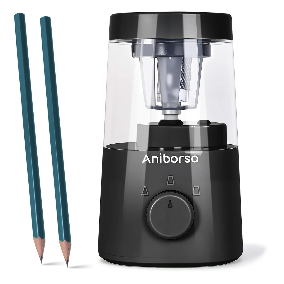 Black plastic electric pencil sharpener, rectangular with pencil slot on top