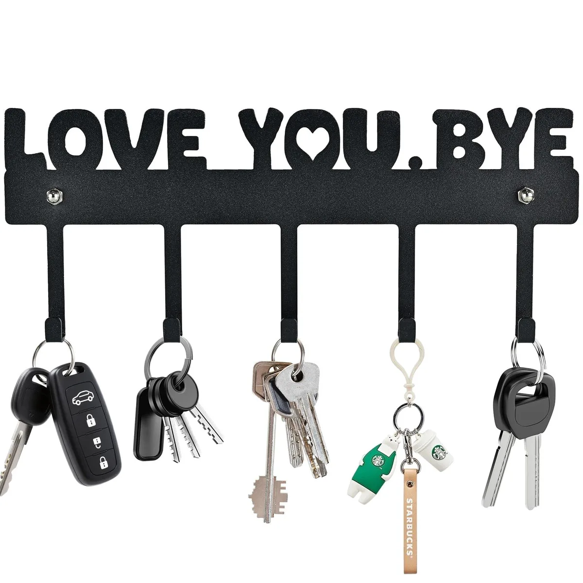 Black matte metal key holder with five hooks and engraved text measuring 10 by 4 inches