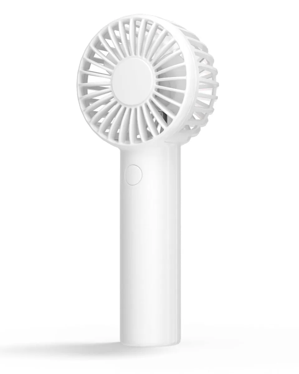 White handheld fan, slim rectangular body, USB-C charging port, lanyard hole, three speed buttons