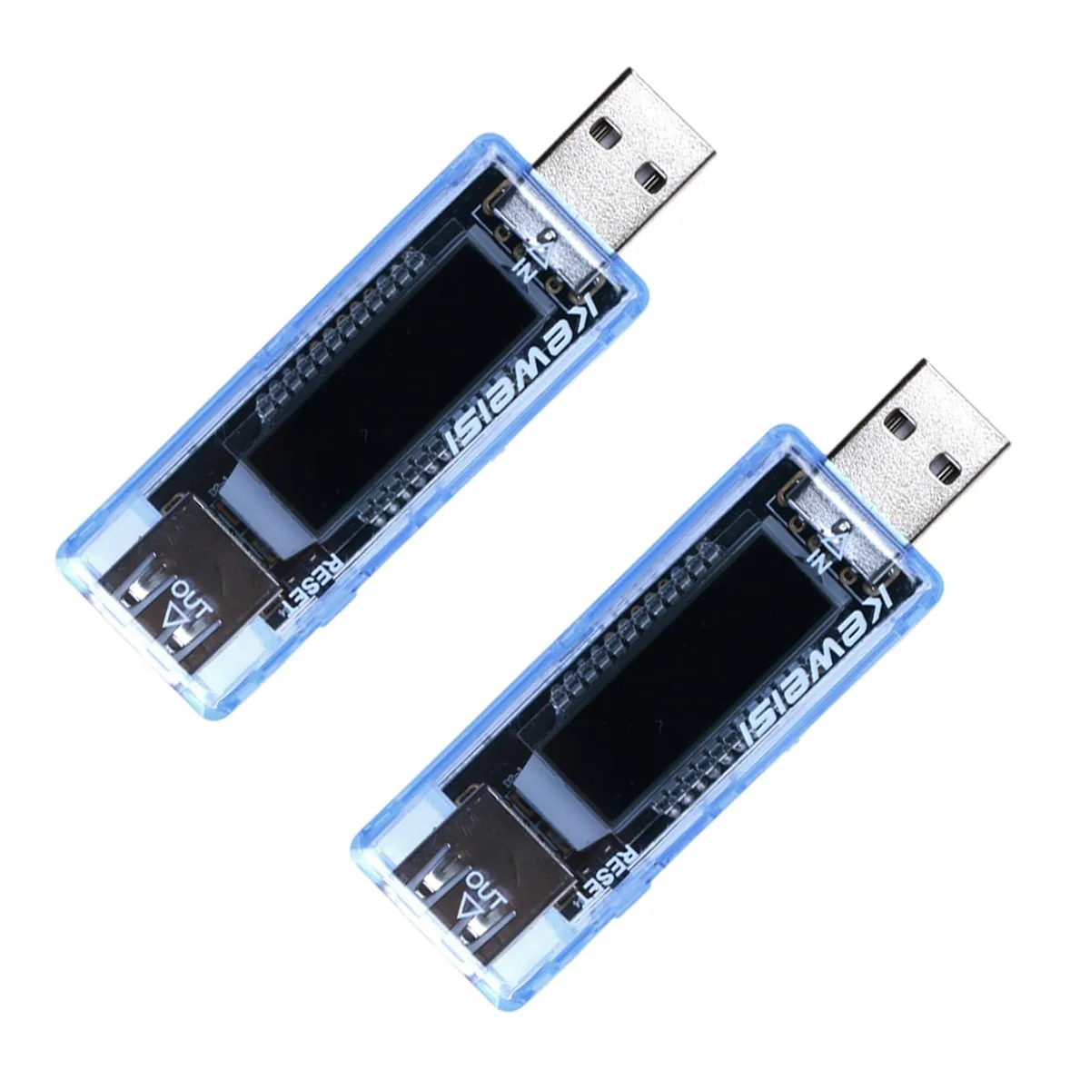 Two small rectangular USB testers with LCD screens, dark plastic finish, each about 59 mm long