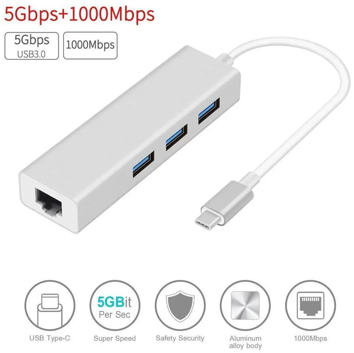 SMUGDESK SMUGDESK USB-C to Ethernet Adapter Thunderbolt 3 with 3 USB 3.0 Ports Silver — product photo