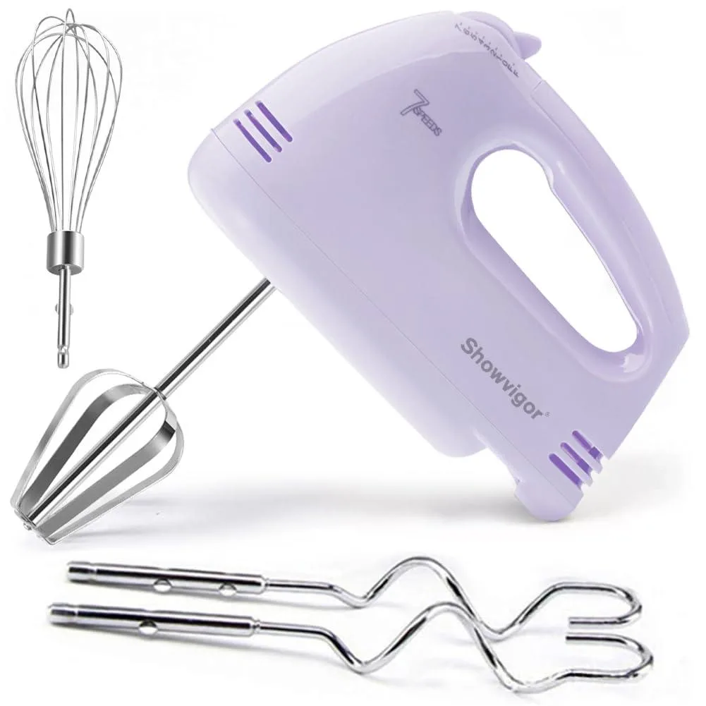 Purple electric hand mixer with five stainless steel attachments