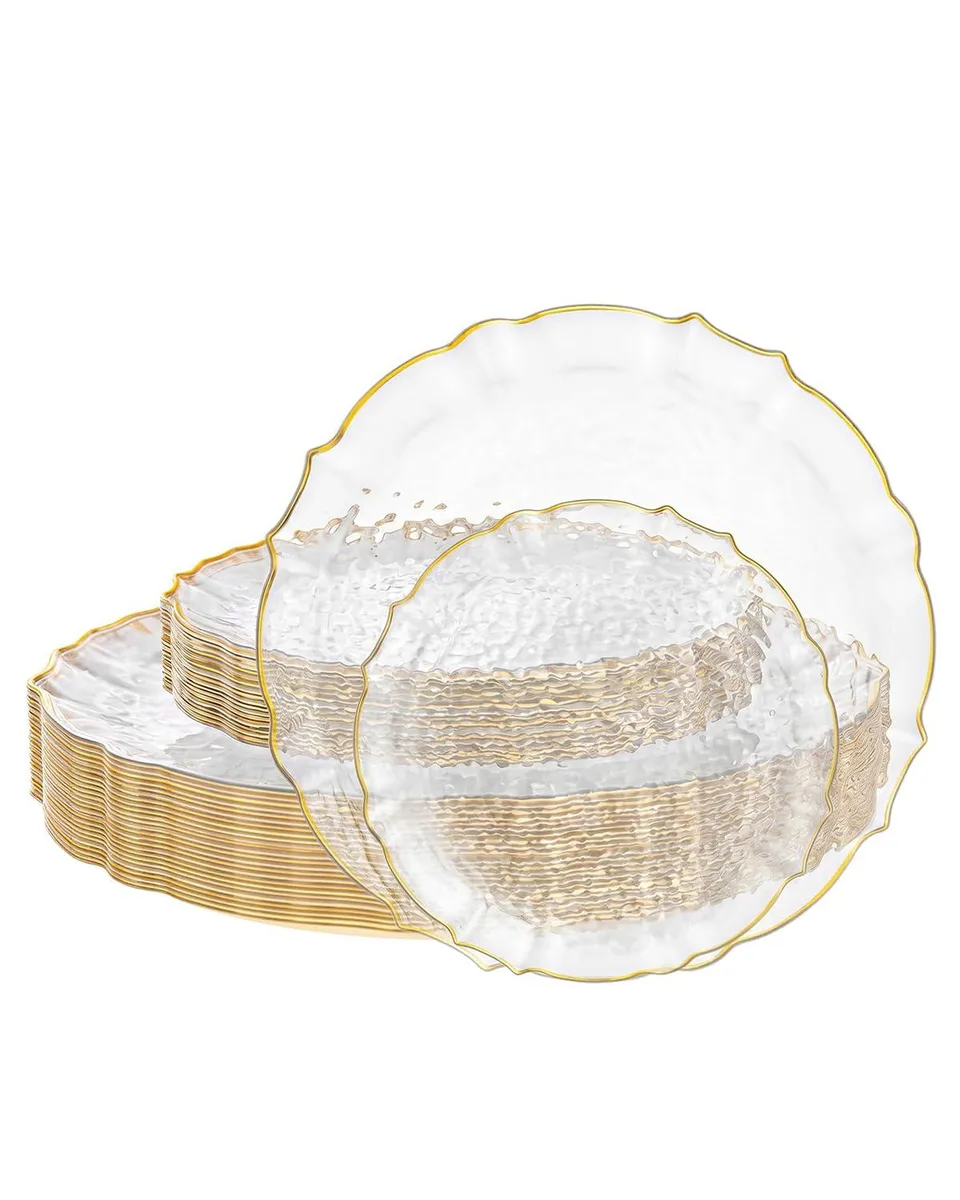 Rectangular clear plastic plates with gold trim, 40-piece set