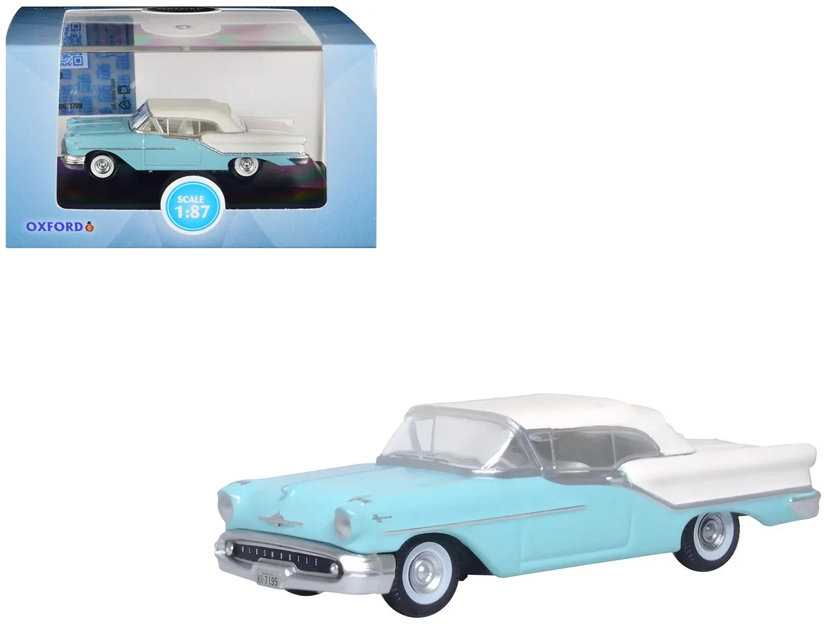 Oxford Diecast Oxford Diecast 1957 Oldsmobile 88 Convertible Top-Up Banff Blue Alcan White 1/87 HO Scale Diecast Car — product photo