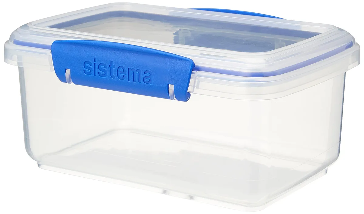 Red rectangular food container with blue clip-lock lid