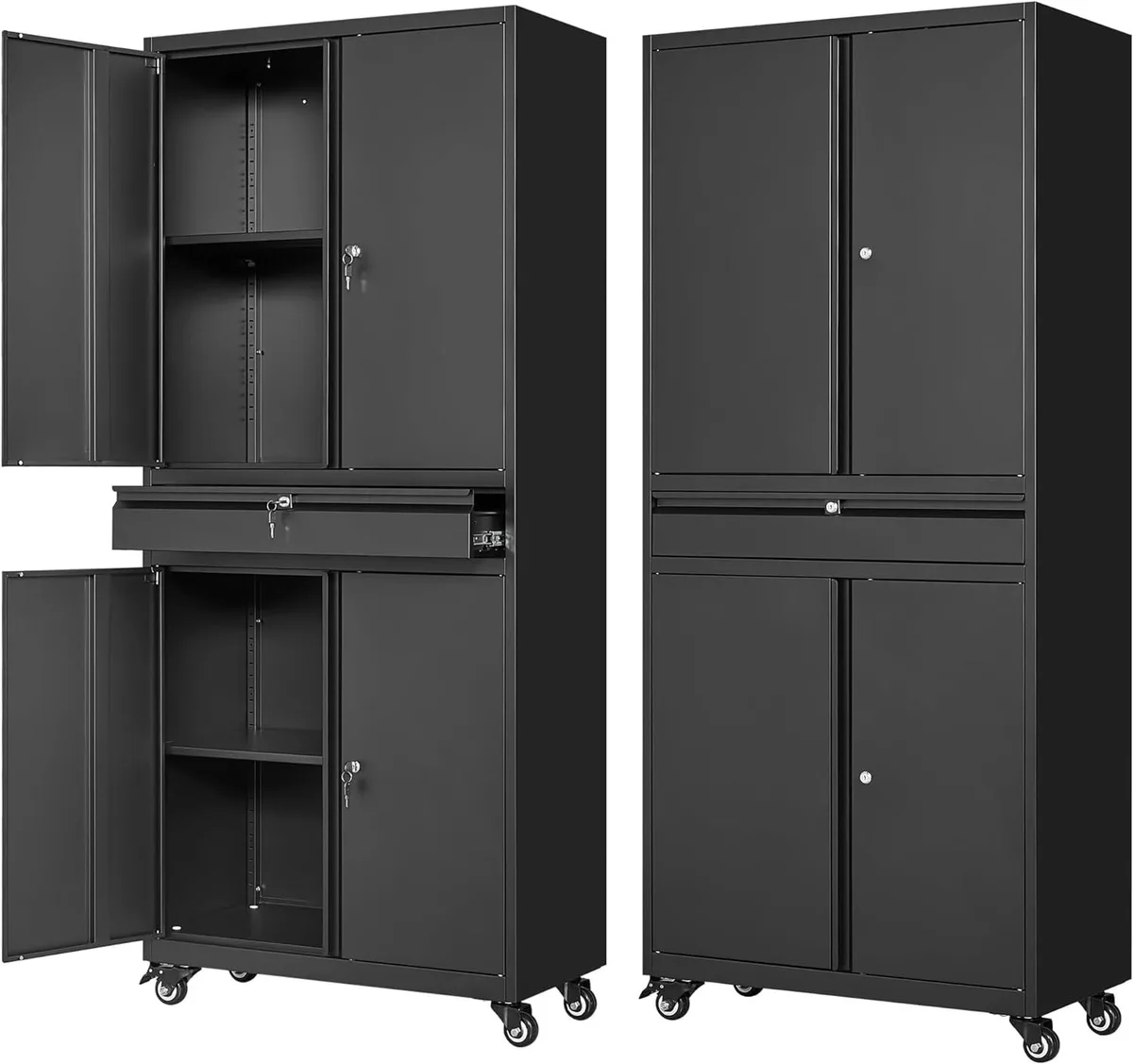 Tall grey steel cabinet on four casters, two front doors with magnetic catches and lock, 72.8 inches high