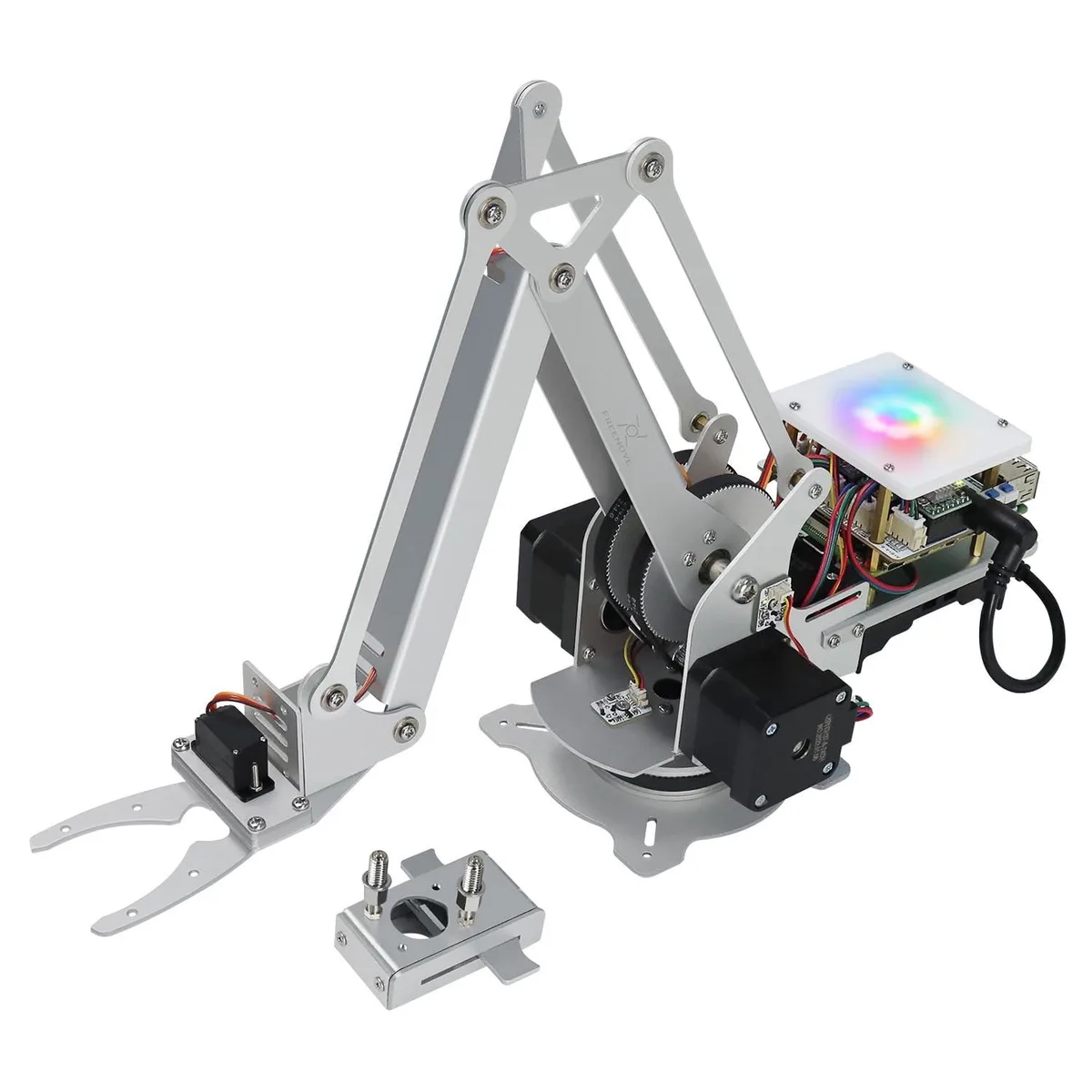 Freenove robot arm kit with metal frame and stepper motors, unassembled parts shown