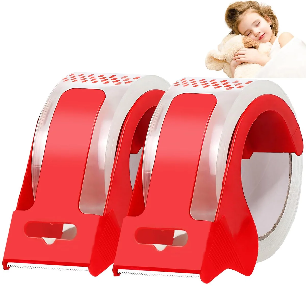 Two clear packing tape rolls with refillable dispensers