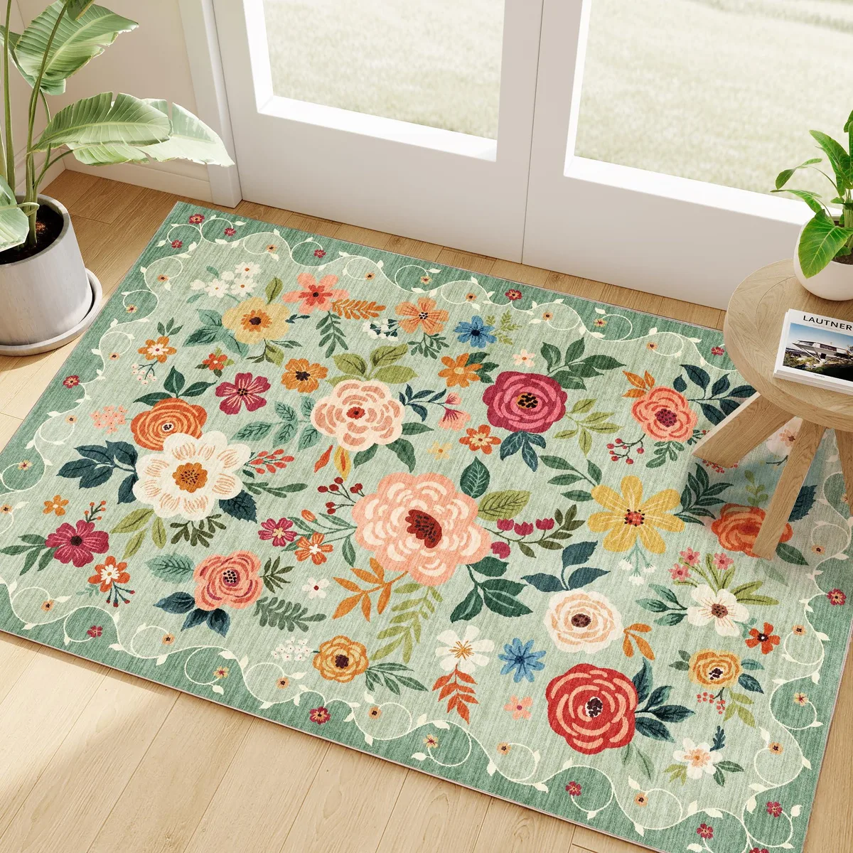 Green rectangular polyester rug with vintage floral pattern, low pile, non-slip backing