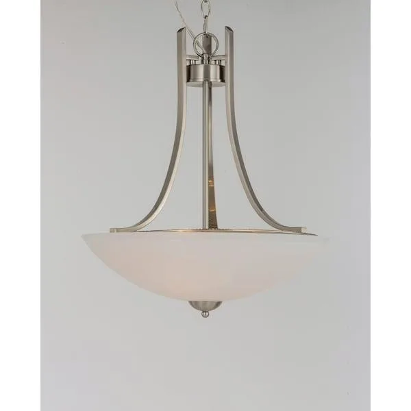 Three-light pendant, rectangular tubing, satin white glass shades, satin nickel finish