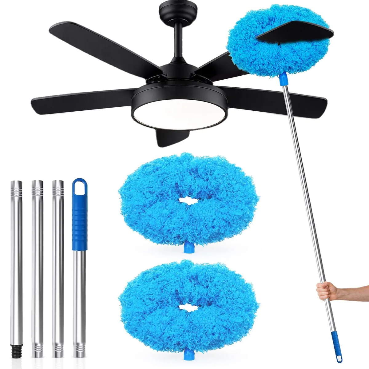 Blue microfiber ceiling fan duster on extendable black pole, adjustable from 12 to 51 inches