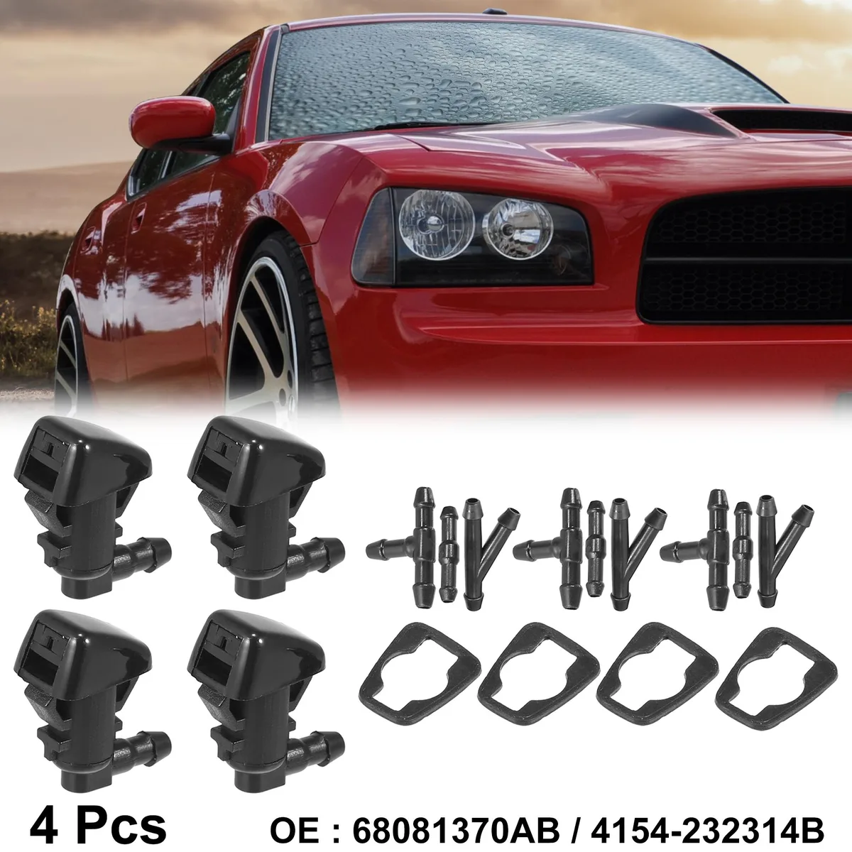 Four black plastic washer nozzles with hose connectors and rubber gaskets