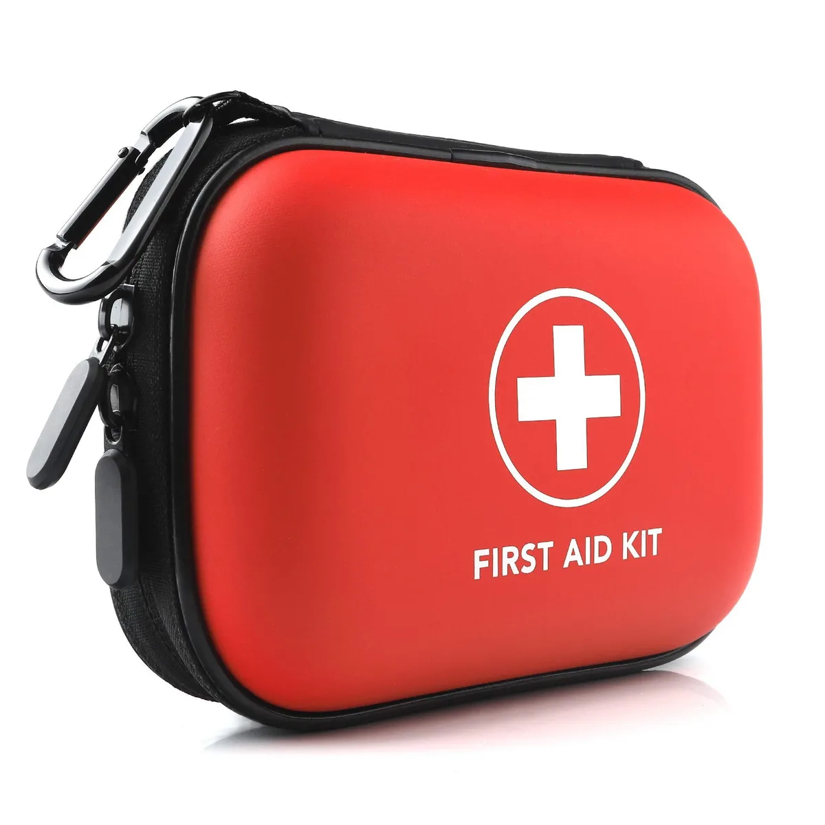 Red waterproof EVA hard-shell first aid case, compact rectangular shape with double zippers and carabiner