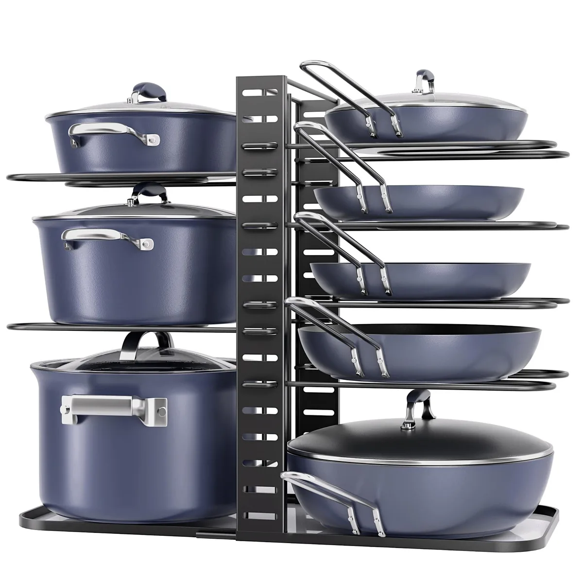 Red plastic two-tier pot organiser with adjustable M-shaped dividers and rounded edges