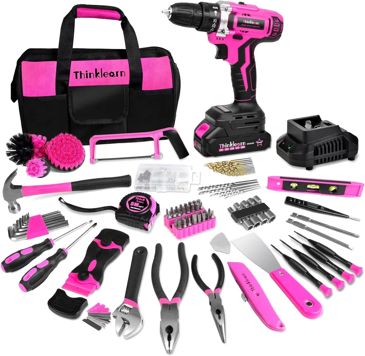 Pink cordless drill kit in large storage bag