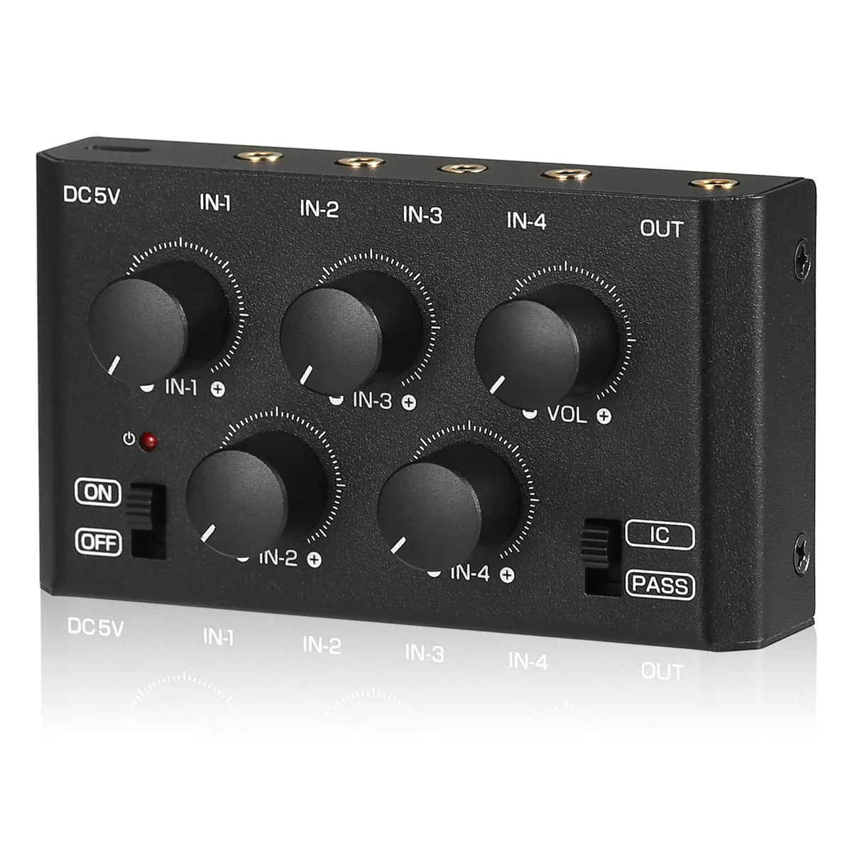 Compact silver metal box with four volume knobs and 3.5mm jacks