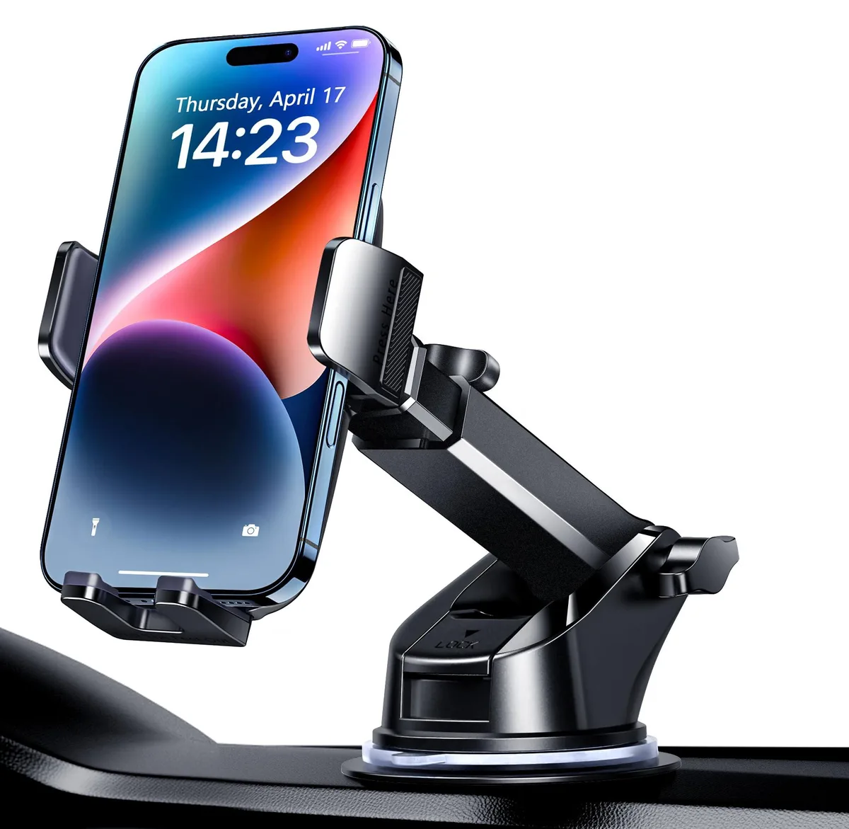 Black adjustable car phone mount with telescopic arm and suction cup base