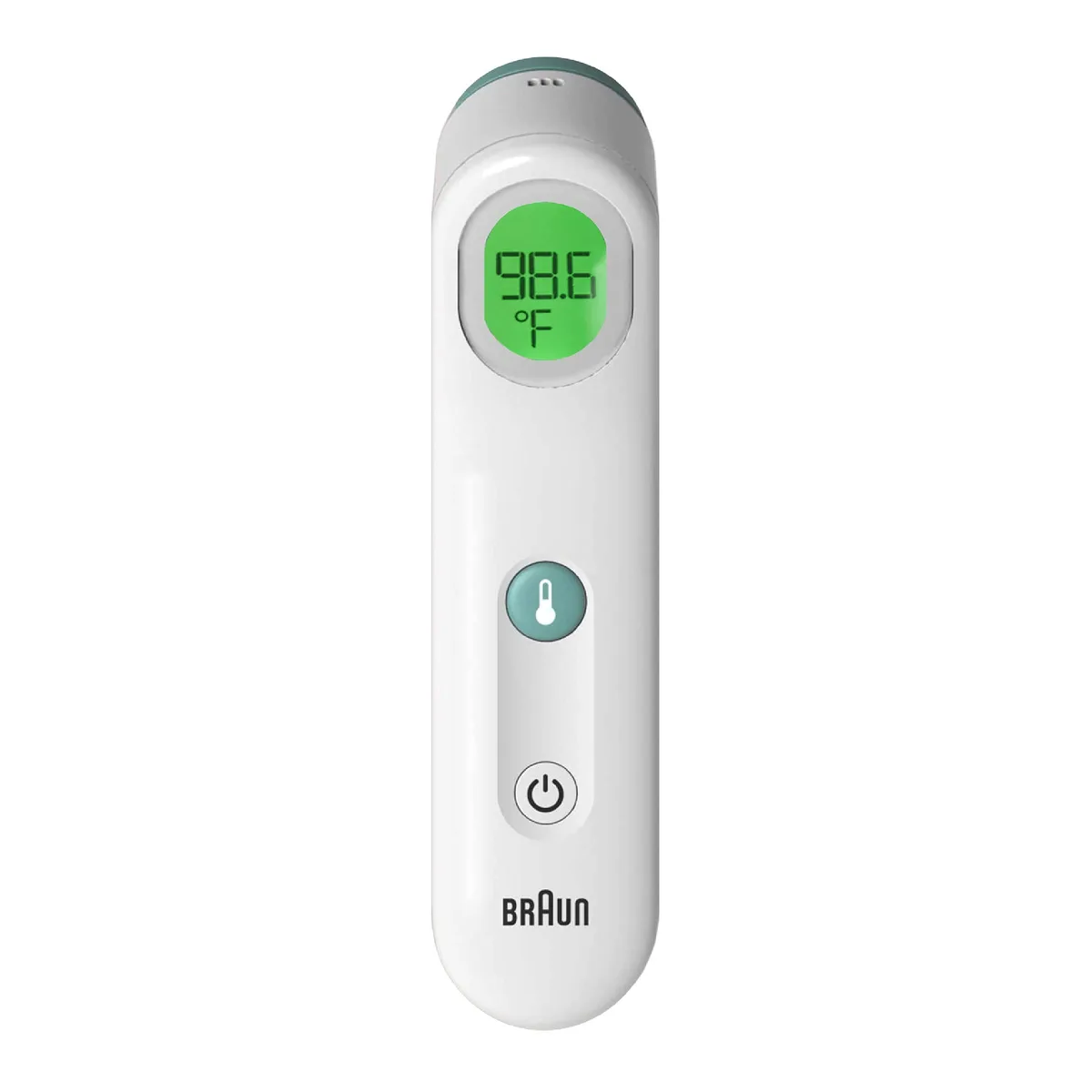 White handheld forehead thermometer with digital display and protective cap