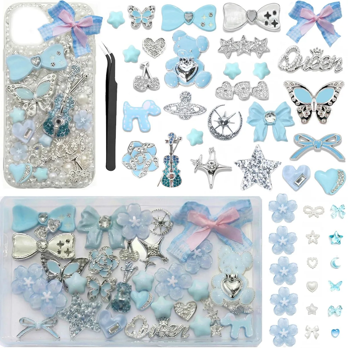  Evening Crystals Junk Charms Kit 37 pc Silver Multi-Colour Resin Flatback Charms Tweezers — product photo