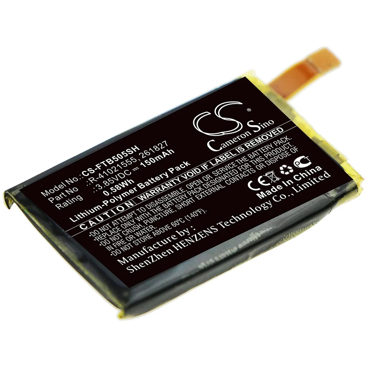 Rectangular replacement battery pack, dark plastic casing with label showing model numbers 504 505 Versa