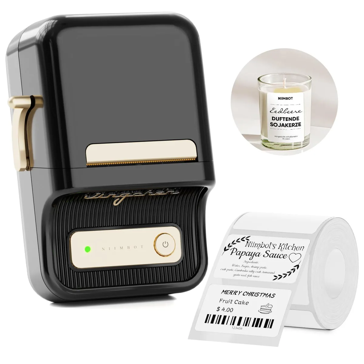 Compact black thermal label printer with Bluetooth, 321g