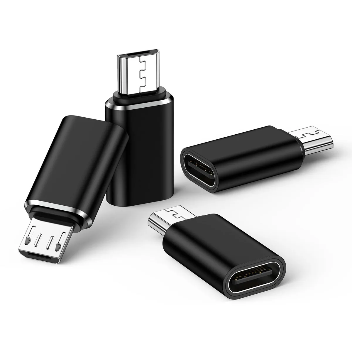 Four black Micro USB to USB-C adapters, compact rectangular connectors with matte finish