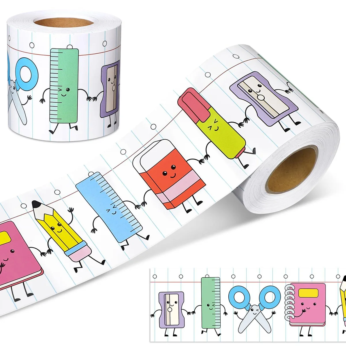 A 65-foot roll of paper border with cartoon stationery characters on a notebook paper background, straight edges