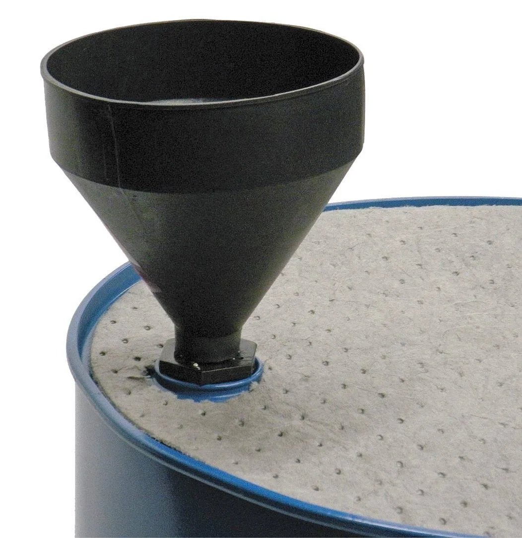 Black polyethylene drum funnel, 9.25 inches high, model 32410