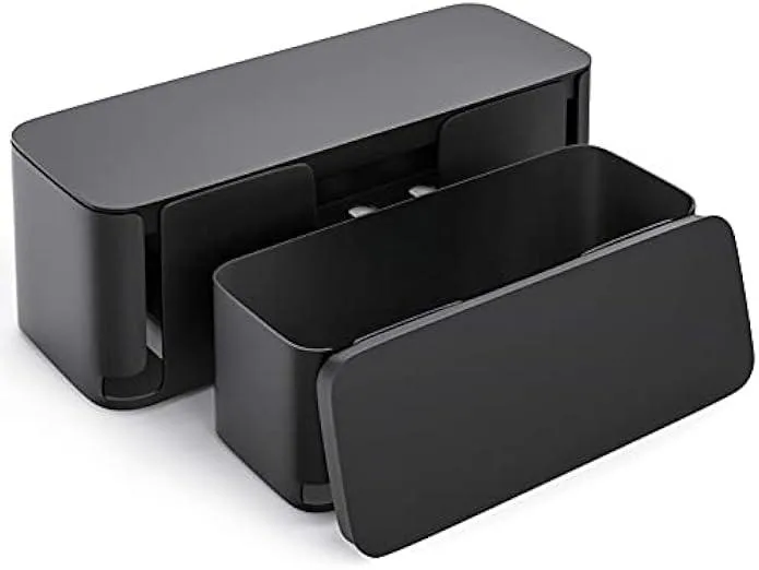 Two black plastic cable boxes, large and medium, with lids and side cable slots