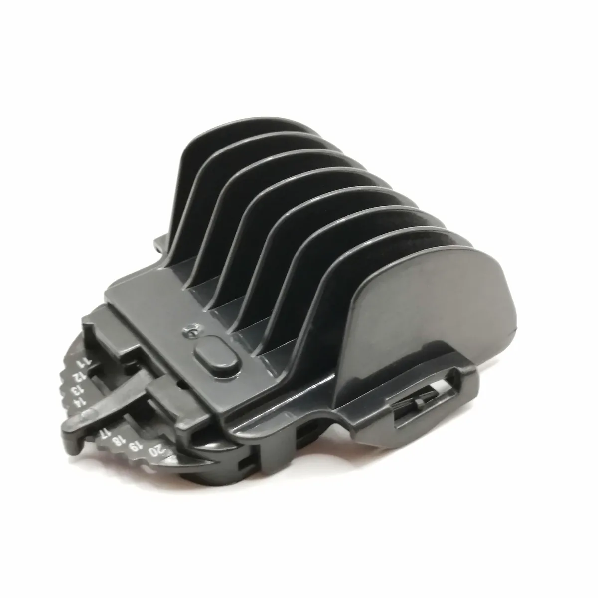 Black plastic guide comb with ten length settings from 12 to 21 mm
